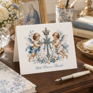 Carte De Remerciements Chérubin Ange Bleu Floral Monogramme Marian