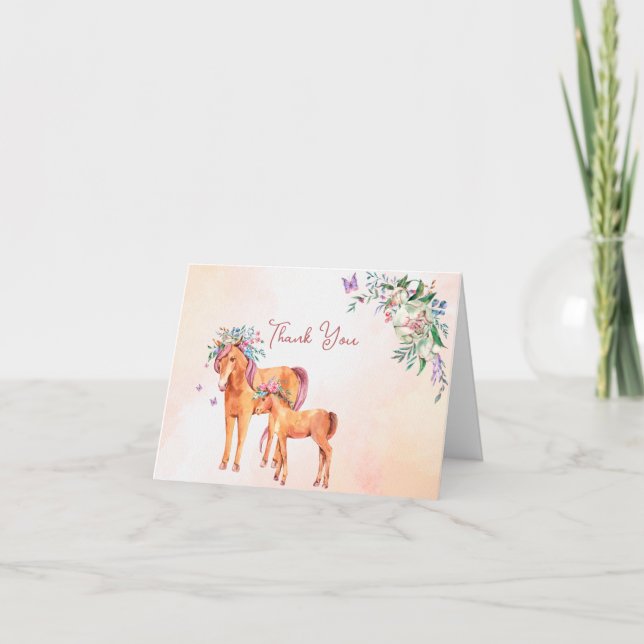 Carte De Remerciements Cheval de bébé rose pastel avec baby shower mère (Devant)