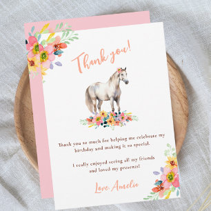 Carte De Remerciements Cheval fête d'anniversaire Floral Pony rose