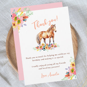 Carte De Remerciements Cheval Floral fête d'anniversaire rose