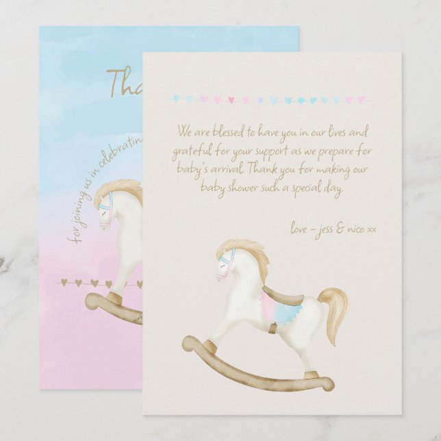 Carte De Remerciements Cheval Rocher bleu rose Baby shower neutre pour le (Devant / Derrière)