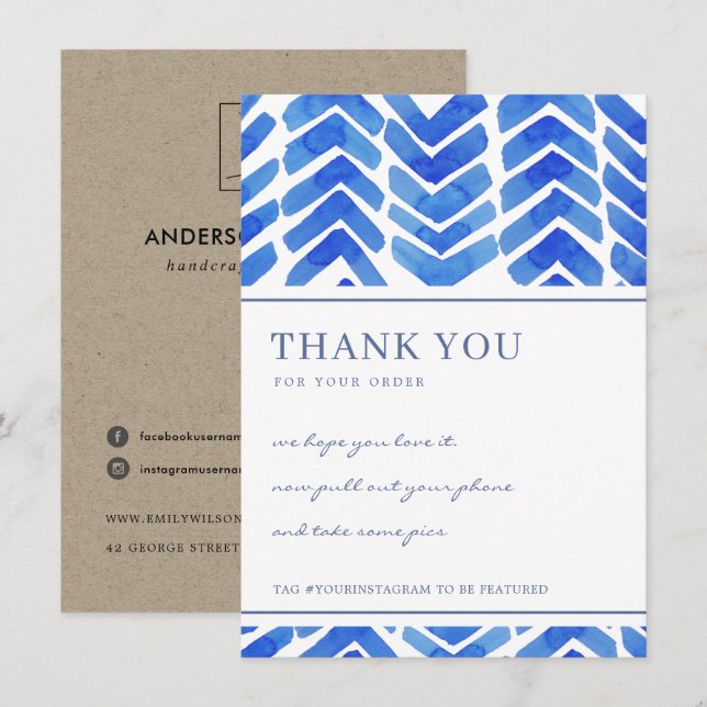 CARTE DE REMERCIEMENTS CHEVRON BLEU EN ROSE MOTIF ENTREPRISE LOGO D'ENTRE (Devant / Derrière)