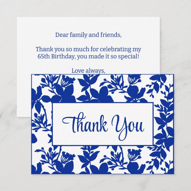 Carte De Remerciements Chic Blue Floral 65e fête d'anniversaire (Devant / Derrière)