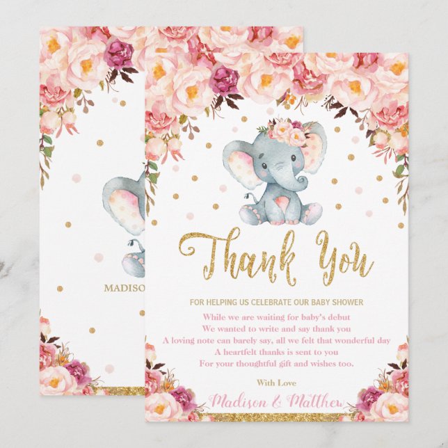Carte De Remerciements Chic Blush Floral Elephant Baby shower Anniversair (Devant / Derrière)