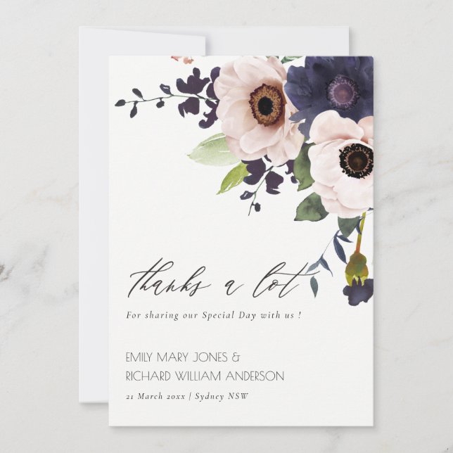 Carte De Remerciements Chic Blush Marine Anemone Floral Mariage Aquarelle (Devant)