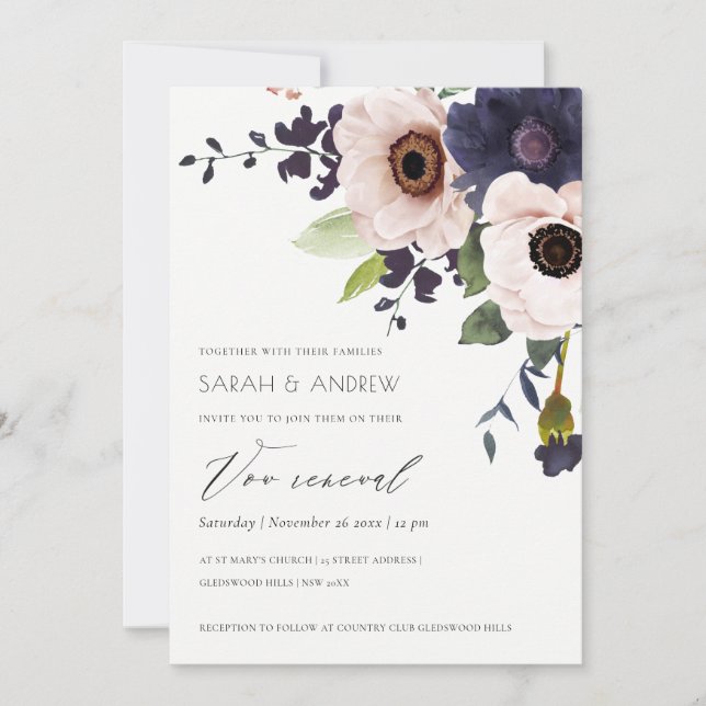 Carte De Remerciements Chic Blush Marine Anemone Floral Vow Renouvellemen (Devant)
