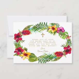 Carte De Remerciements Chic Blush rose Fleurs Gold Cross Holy Communion