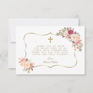 Carte De Remerciements Chic Blush rose Fleurs Gold Cross Holy Communion