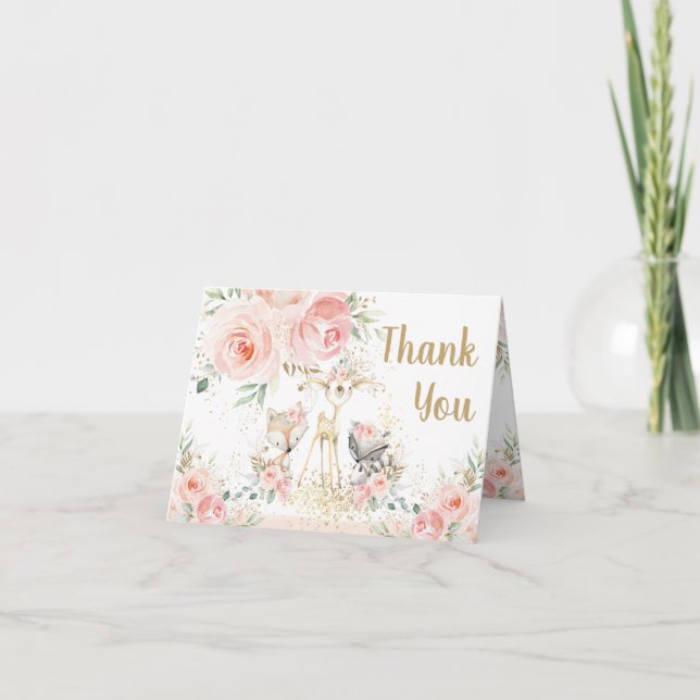 Carte De Remerciements Chic Bois Animaux Blush Floral Baby shower (Devant)