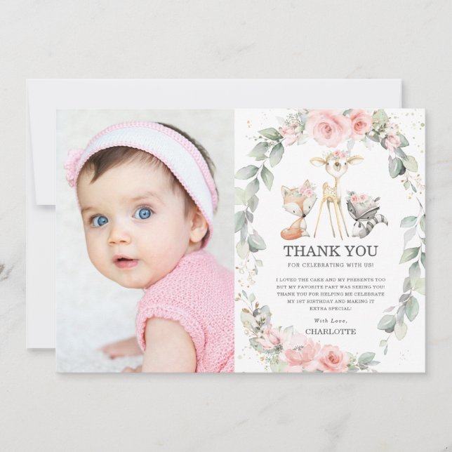 Carte De Remerciements Chic Bois Animaux Floral 1er Anniversaire Photo (Devant)