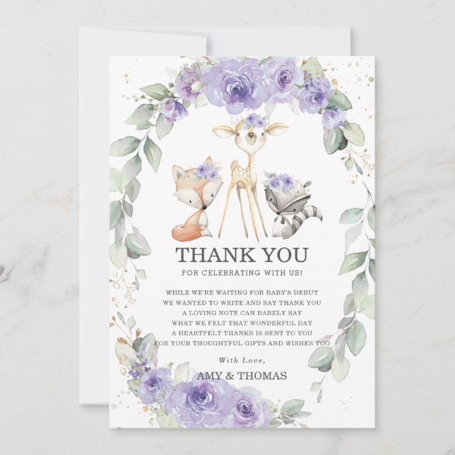 Carte De Remerciements Chic Bois Animaux Floral Greenery Baby shower  (Devant)