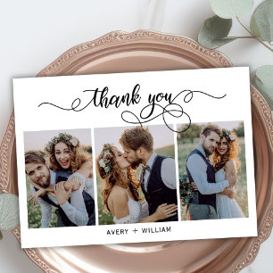 Carte De Remerciements Chic Calligraphie Script 3 Photo Collage Mariage