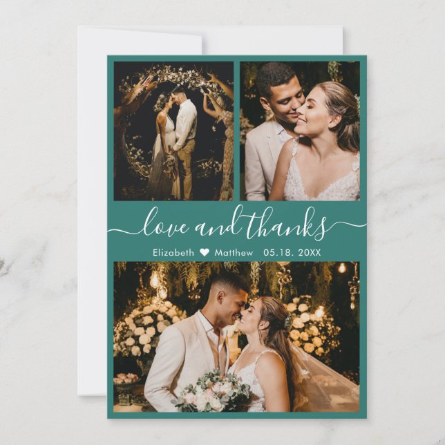 Carte De Remerciements Chic Elegant Script 3 Photo Collage Mariage (Devant)