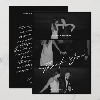 Carte De Remerciements Chic Élégant Script Noir 3 Photo Mariage