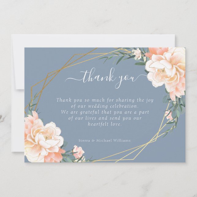Carte De Remerciements Chic Floral Blush Peach Gold Dusty Blue Mariage (Devant)