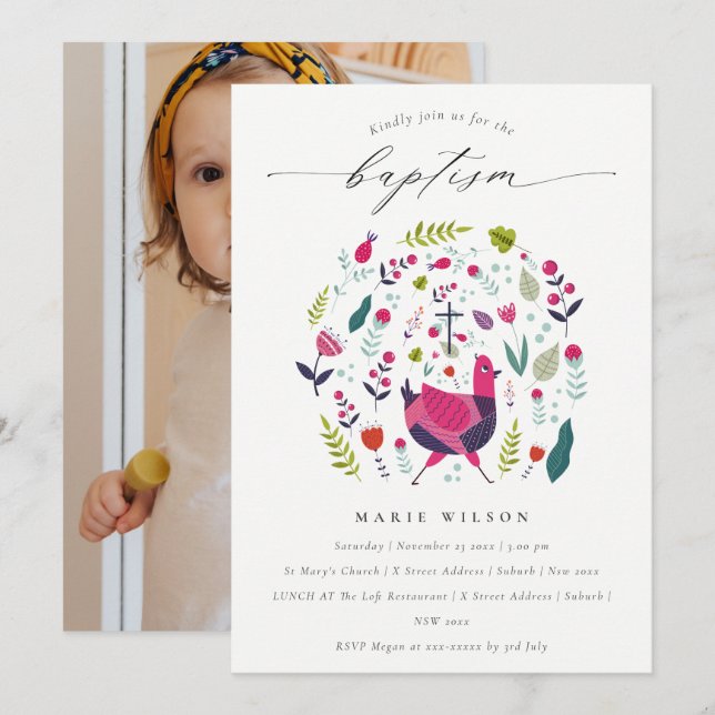 Carte De Remerciements Chic Folk Farm Floral Birdie Photo Baptême Invitat (Devant / Derrière)