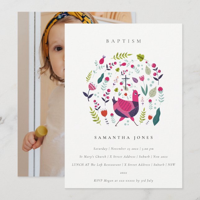 Carte De Remerciements Chic Folk Farm Floral Birdie Photo Baptême Invitat (Devant / Derrière)
