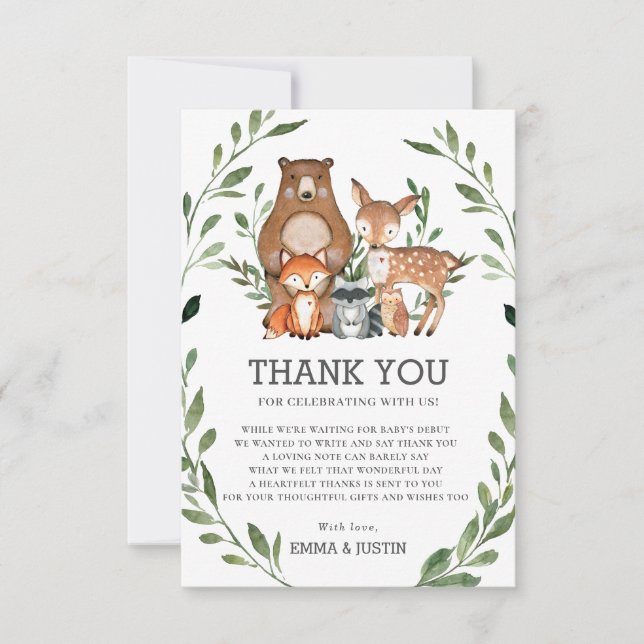 Carte De Remerciements Chic Forêt Boisée Animaux Baby shower verdoyant (Devant)