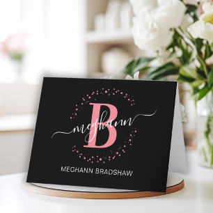 Carte De Remerciements Chic Girly moderne noir rose Nom Script Monogramme