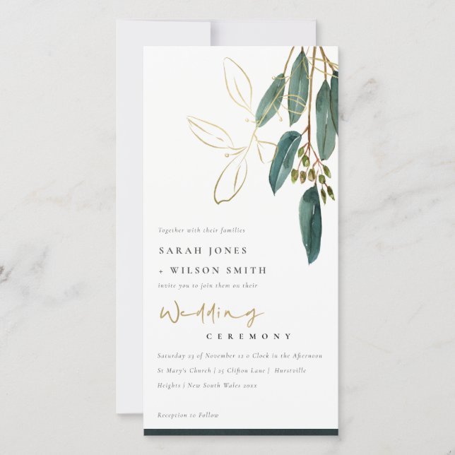 CARTE DE REMERCIEMENTS CHIC GOLD GREEN EUCALYPTUS FOLIAGE INVITER (Devant)