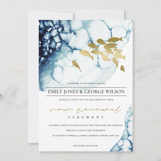 Carte De Remerciements CHIC GOLD NAVY Underwater FISH VOW RENOWAL INVITAT (Devant)