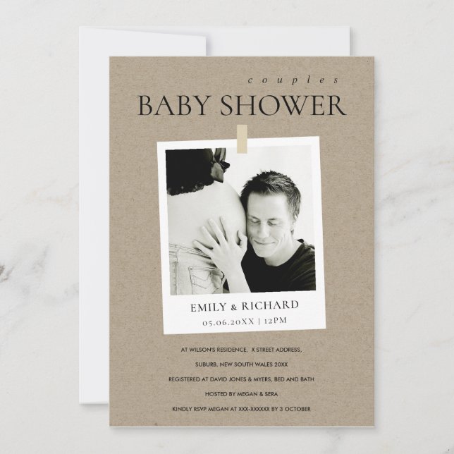 CARTE DE REMERCIEMENTS CHIC KRAFT CUSTOM PHOTO COUPLES BABY SHOWER INVITA (Devant)