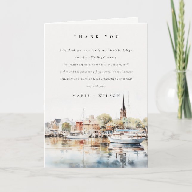 Carte De Remerciements Chic Mariage d'aquarelle Annapolis Maryland (Devant)