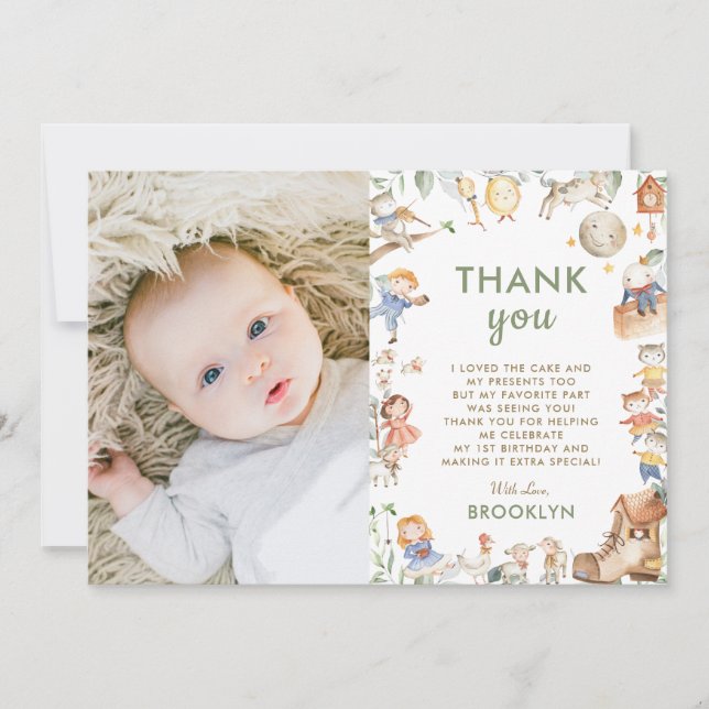Carte De Remerciements Chic Nursery Rhyme Green 1er anniversaire garçon f (Devant)