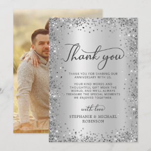 Carte De Remerciements Chic Paillettes Argentées Photo 25ème Anniversaire