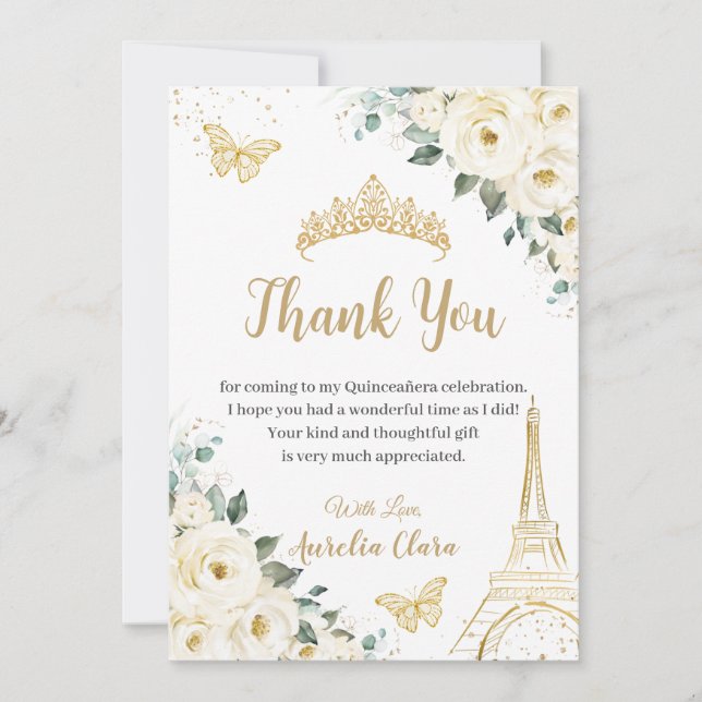 Carte De Remerciements Chic Quinceañera Ivory Floral Eiffel 16e anniversa (Devant)
