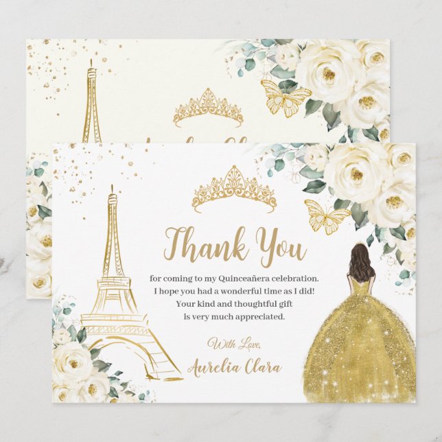 Carte De Remerciements Chic Quinceañera Ivory Floral Paris 16e anniversai (Devant / Derrière)