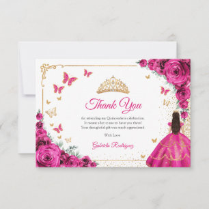 Carte De Remerciements Chic Roses Fuchsia Rose Gold Quinceanera