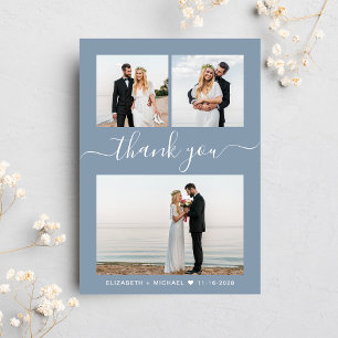 Carte De Remerciements Chic Script Photo Collage Dusty Blue Mariage