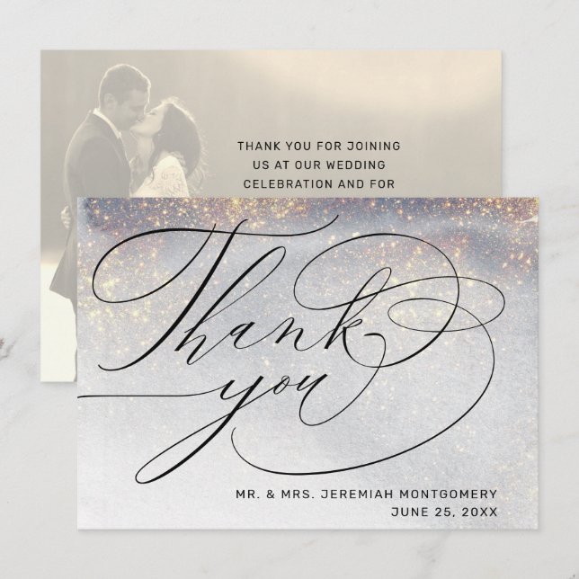 Carte De Remerciements Chic Silver Gold Sparkles Mariage d'aquarelle Phot (Devant / Derrière)