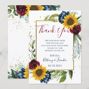 Carte De Remerciements Chic Tournesol Bourgogne Marine Bleu Floral