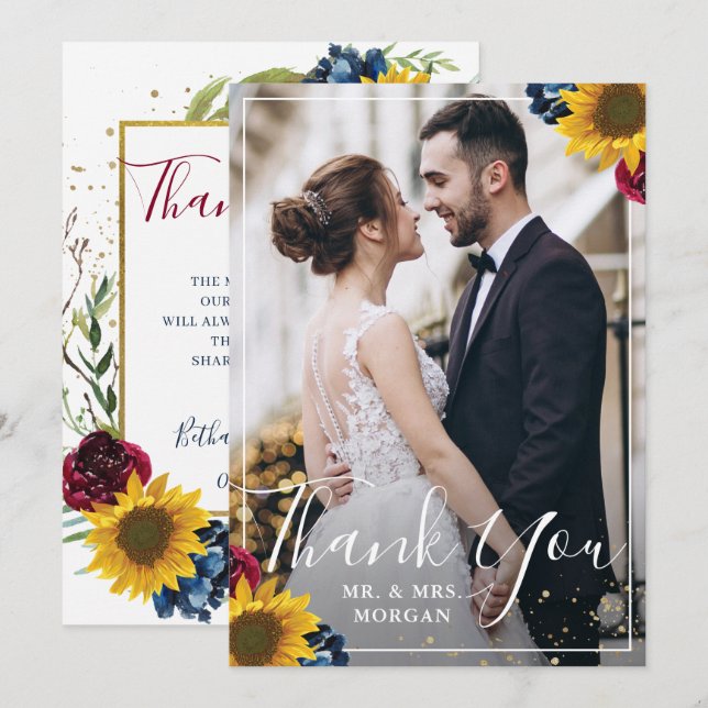 Carte De Remerciements Chic Tournesol Bourgogne Marine Blue Floral Photo (Devant / Derrière)