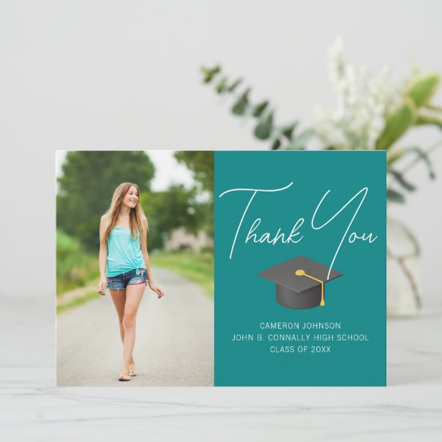 Carte De Remerciements Chic Turquoise Graduate Photo Graduated Graduated (Debout devant)