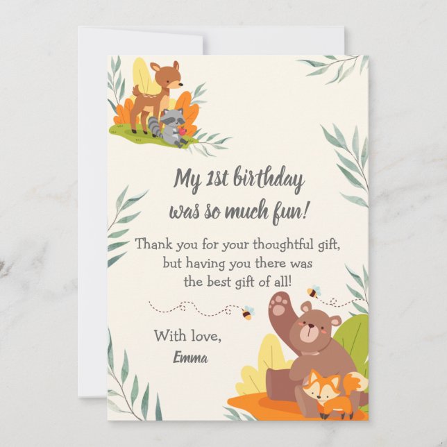 Carte De Remerciements Chic verdure Bois Animaux Forêt 1er Anniversaire (Devant)