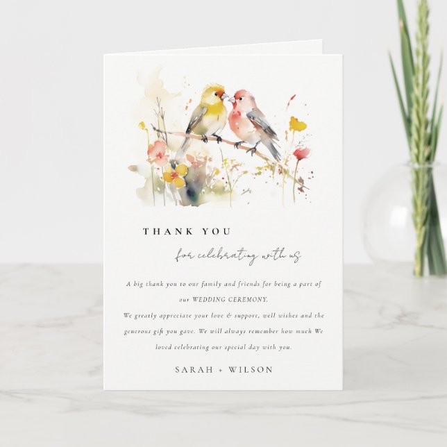 Carte De Remerciements Chic Wild Botanical Aquarelle Inséparables Mariage (Devant)