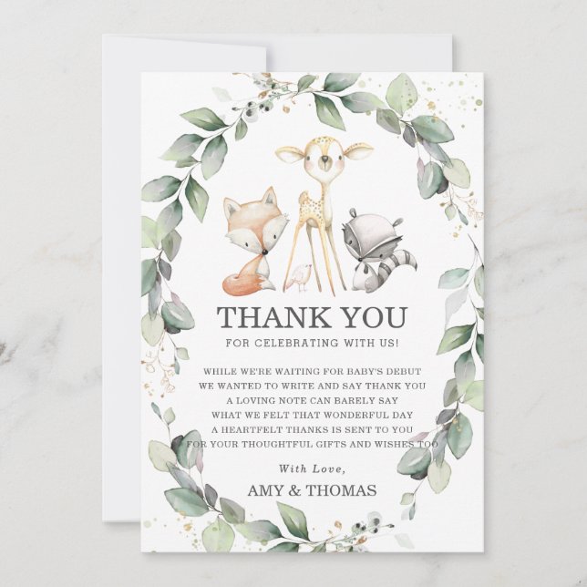 Carte De Remerciements Chic Woodland Animaux Rustic Greenery Baby shower (Devant)