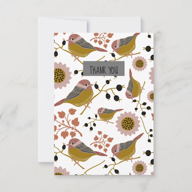 Carte De Remerciements Chickadee doux et mignon avec Fleurs et Berries (Devant)