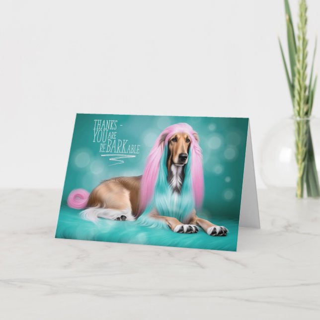 Carte De Remerciements Chien de chien afghan avec cheveux rose et turquoi (Devant)