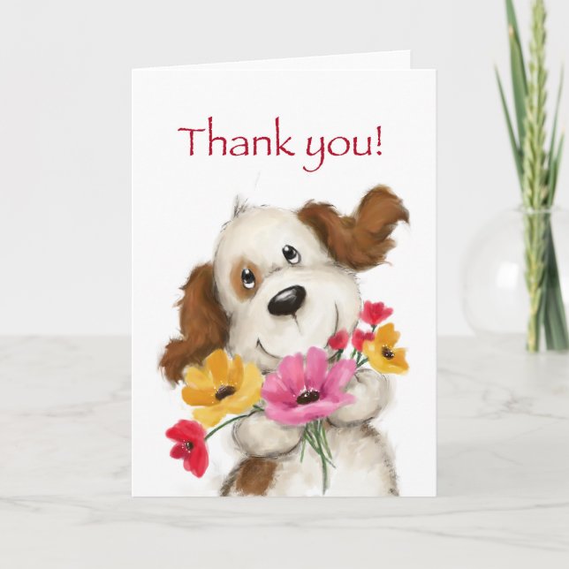 Carte de remerciements, chien mignon avec un bouqu (Devant)