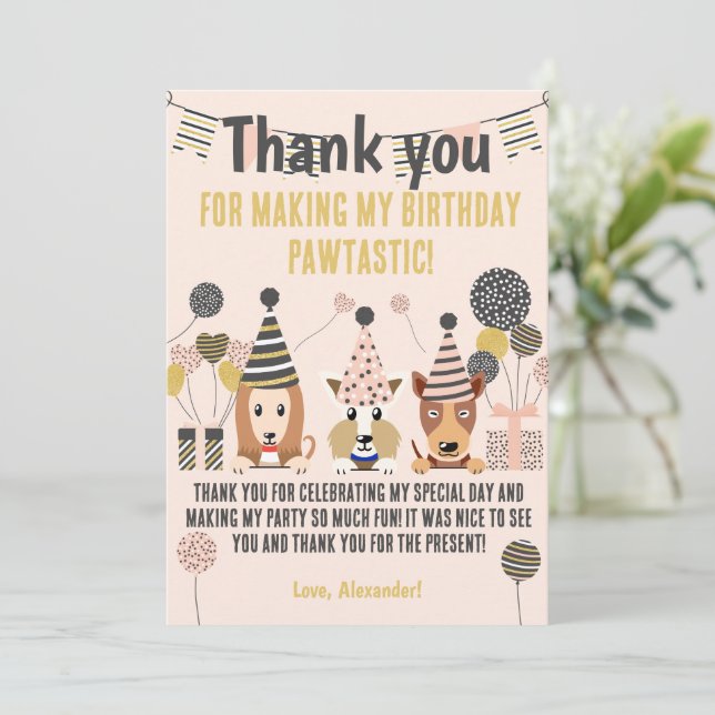 Carte De Remerciements Chiens mignons avec chapeaux de fête ballons Anniv (Debout devant)