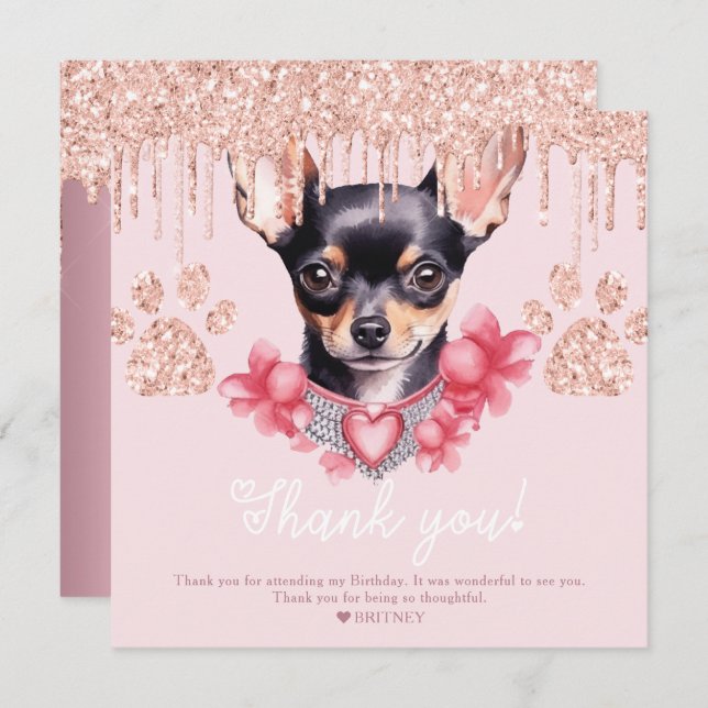 Carte De Remerciements Chihuahua Chien avec Parties scintillant fête d'an (Devant / Derrière)