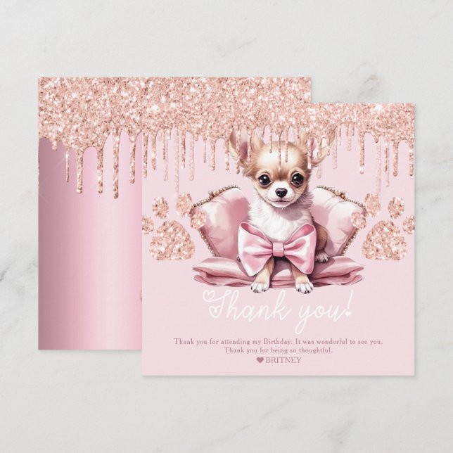 Carte De Remerciements Chihuahua Chien avec Parties scintillant fête d'an (Devant / Derrière)