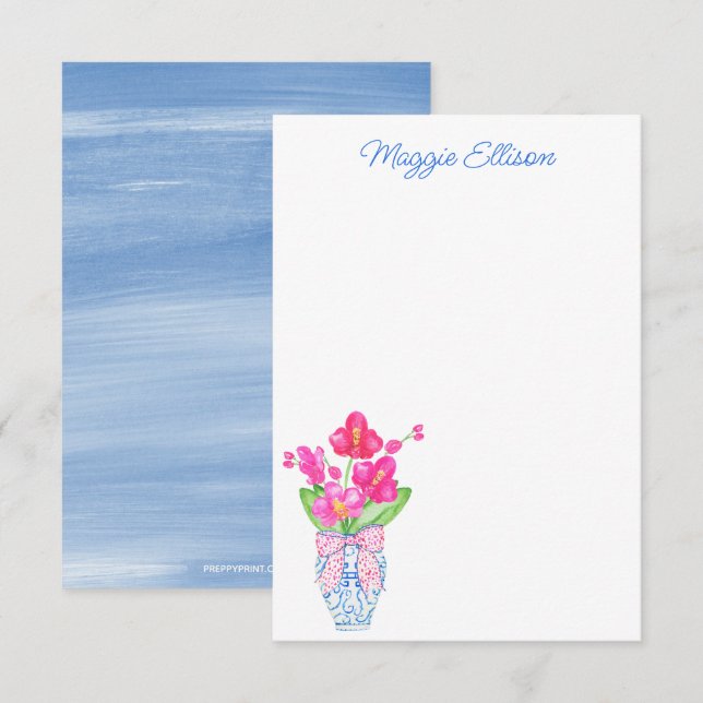 Carte De Remerciements Chinoiserie Aquarelle Ginger Jar Orchidées (Devant / Derrière)