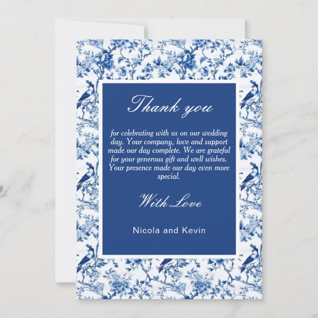 Carte De Remerciements Chinoiserie Blue Birds and Flowers Mariage (Devant)