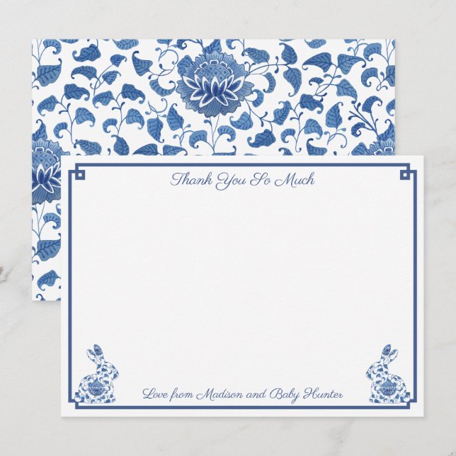 Carte De Remerciements Chinoiserie Bunny Baby shower Garçon Bleu Et Blanc (Devant / Derrière)