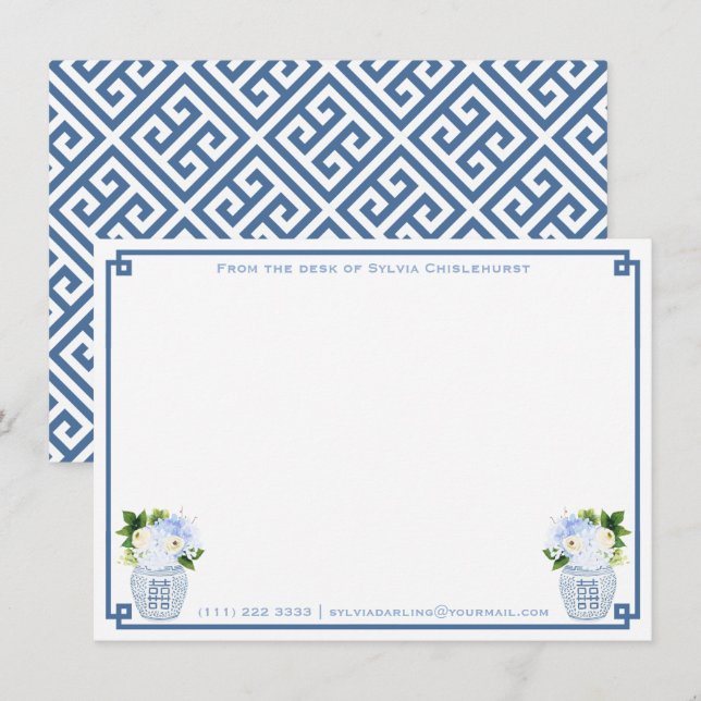 Carte De Remerciements Chinoiserie Chic Bleu Vert Clé grecque personnalis (Devant / Derrière)